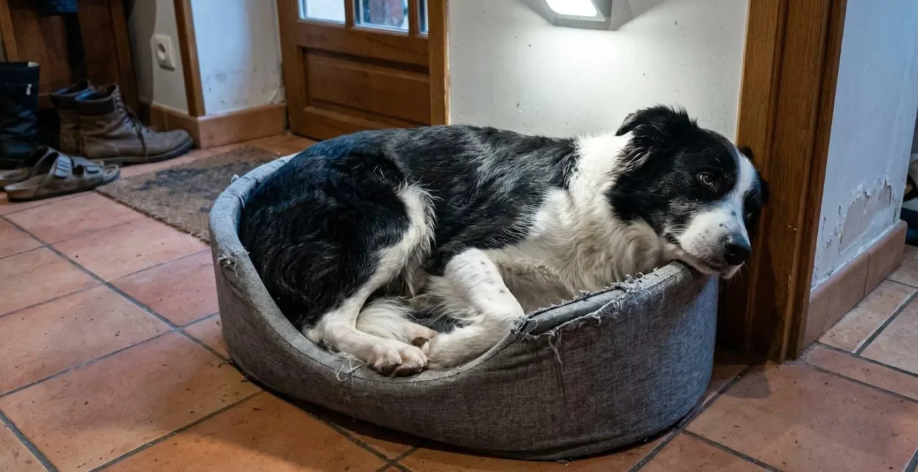 Border Collie replié inconfortablement dans un panier en tissu trop petit et affaissé, regard traduisant l'inconfort dans un intérieur domestique