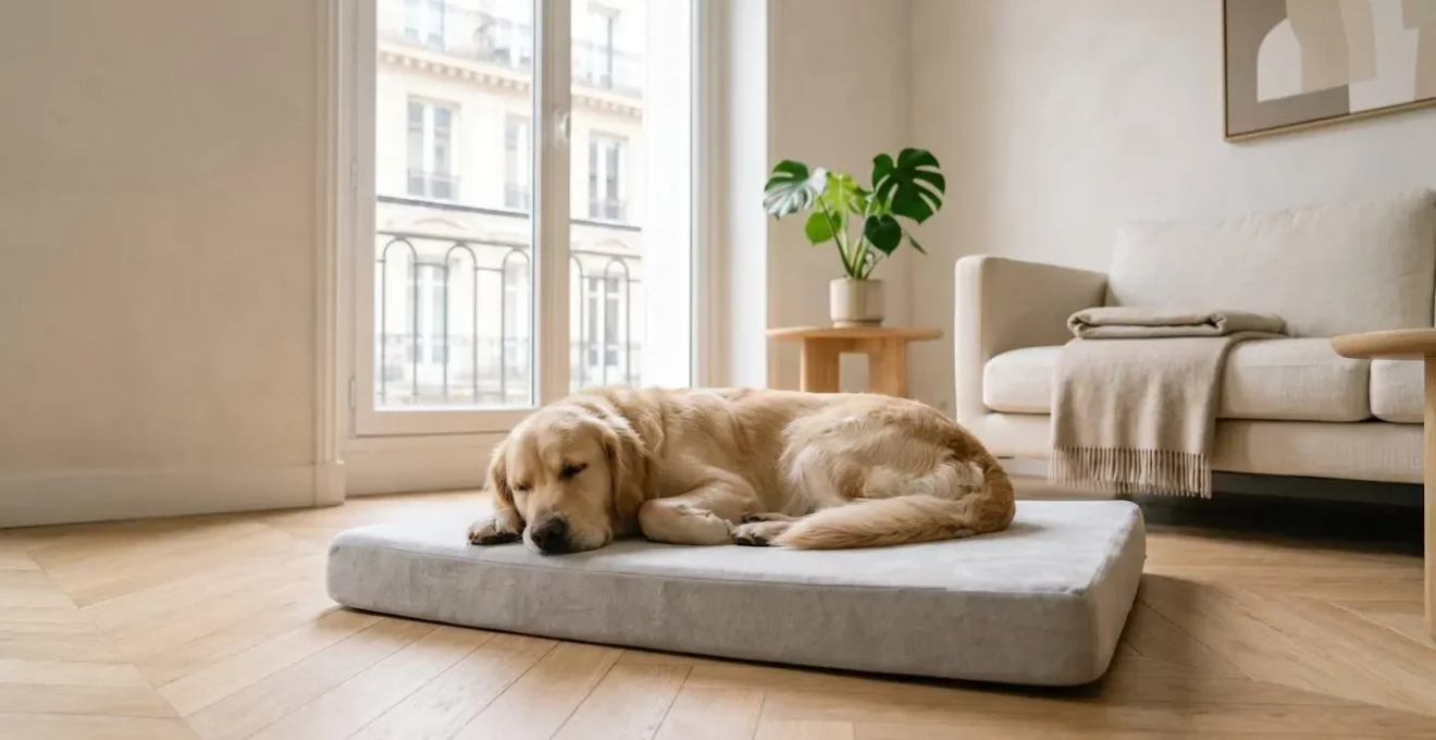 Chien adulte dormant paisiblement sur un coussin orthopédique gris dans un salon lumineux avec parquet bois clair et lumière naturelle douce