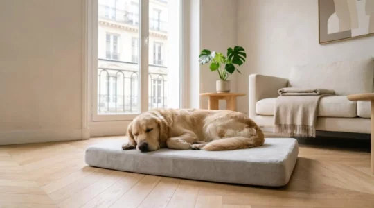 Chien adulte dormant paisiblement sur un coussin orthopédique gris dans un salon lumineux avec parquet bois clair et lumière naturelle douce