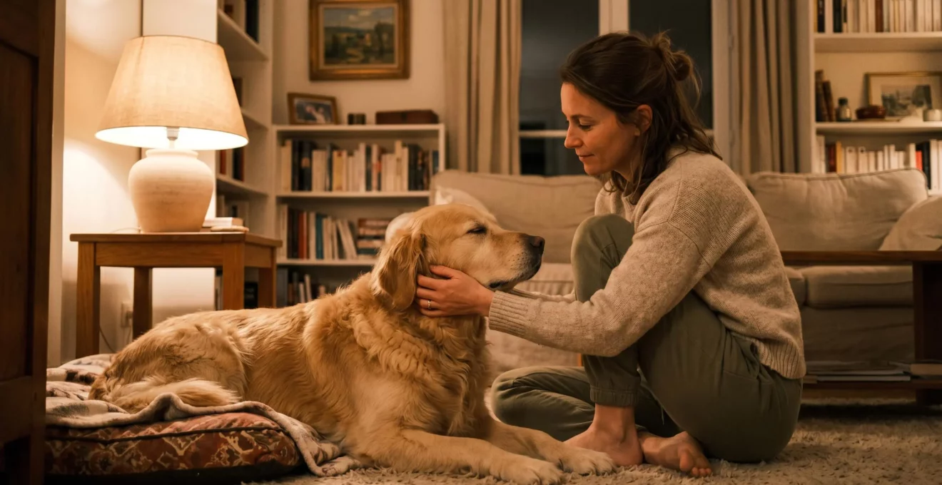 Propriétaire accroupie caressant doucement son Golden Retriever dans un salon tamisé en rituel apaisant du soir avant le coucher